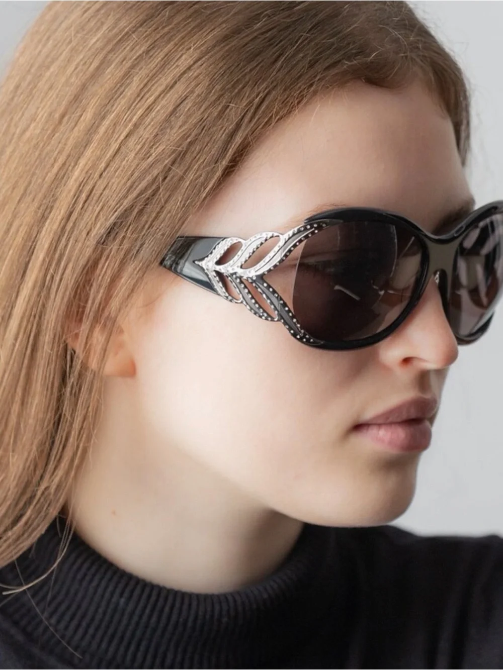 Y2K Roberto Cavalli Women's Black Sunglasses with Silver Leaf Accent